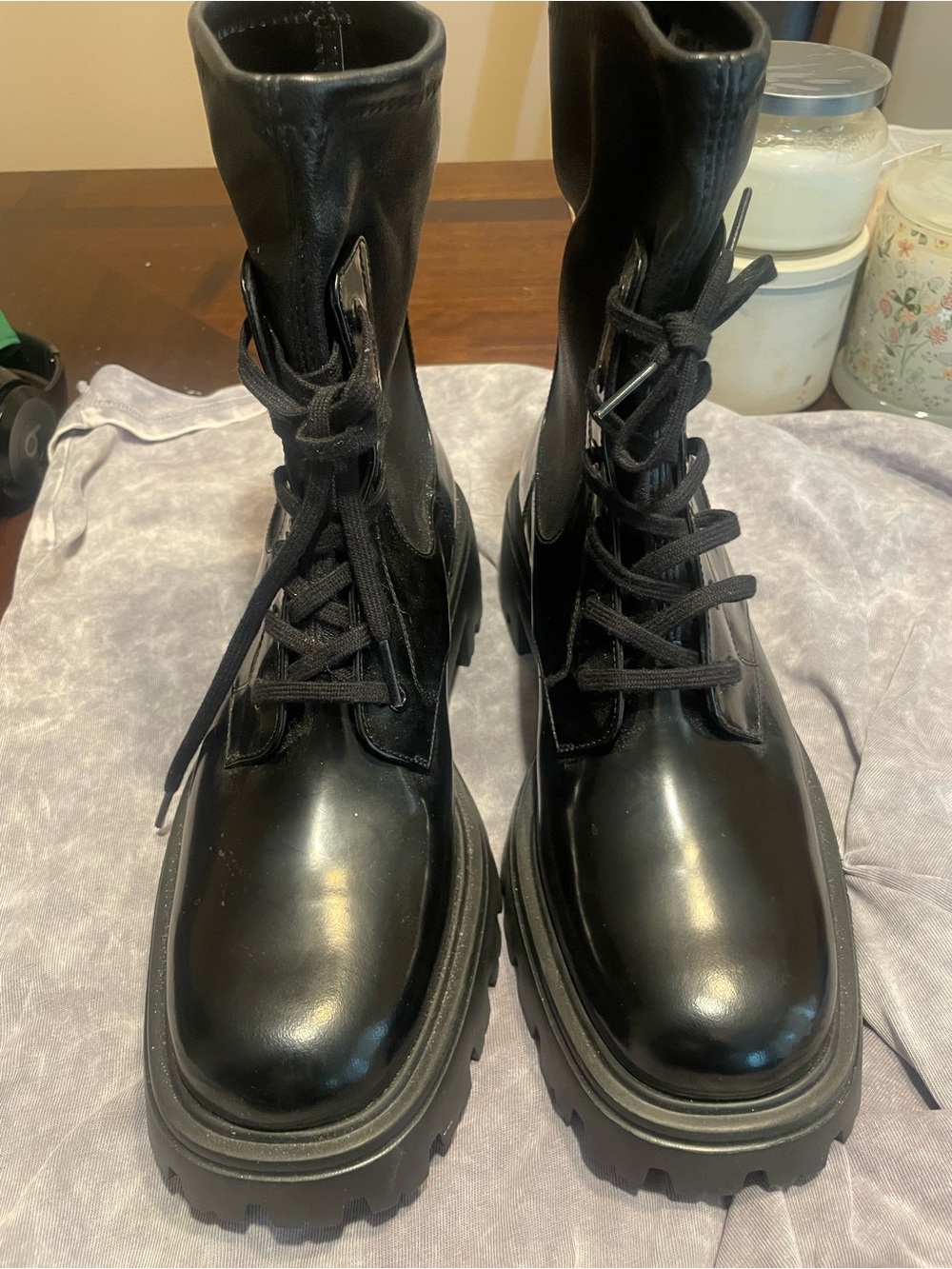 Stuart Weitzman Black Lace-Up Combat Boots